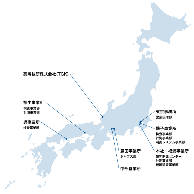 日本地図と各事業所の位置
